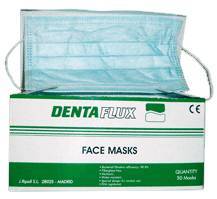 material dental desechable mascarillas DENTAFLUX, mascarillas planas c/gomas verdes 