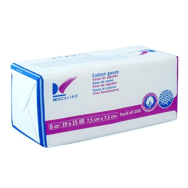 material dental desechable algodón MEDICALINE, gasas 7,5x7,5cm. no esteril malla 19x15 8-ply 200u